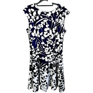 Adorne Women's Size 10 Cap Sleeve Shift Dress Blue White Floral Spring Midi